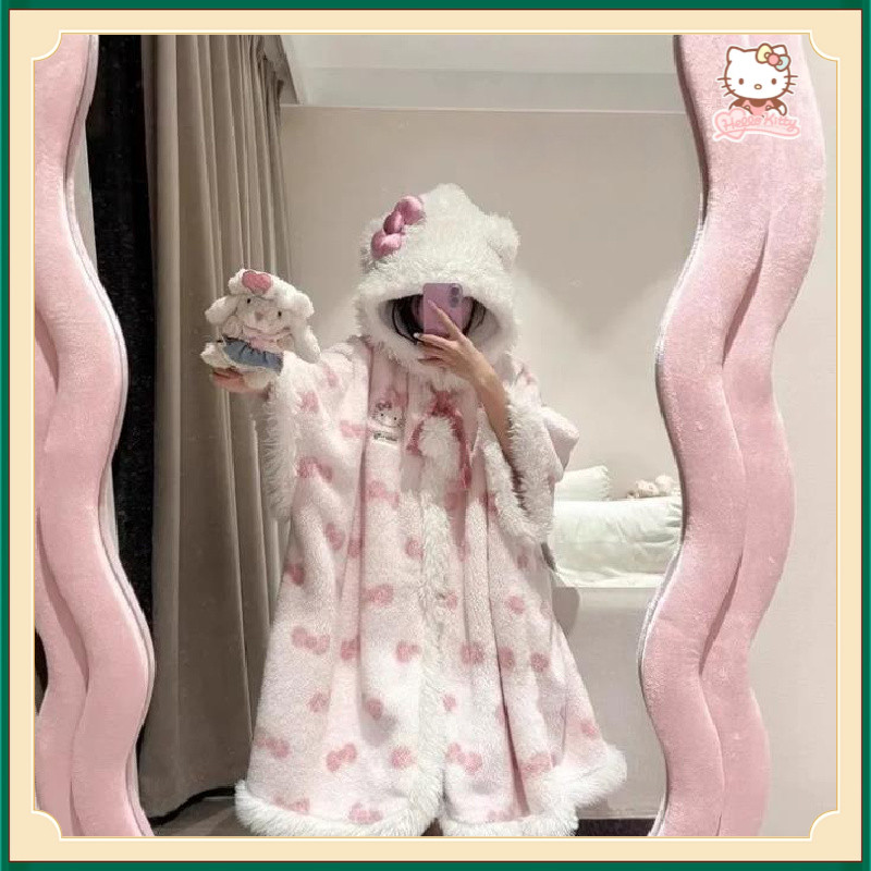 Hello Kitty ชุดนอนขนแกะปะการังคลุมด้วยผ้าชุดนอนผู้หญิงฤดูหนาวขนแกะซับหนานักเรียนเสื้อผ้าบ้านที่อบอุ่นสวมใส่ด้านนอก