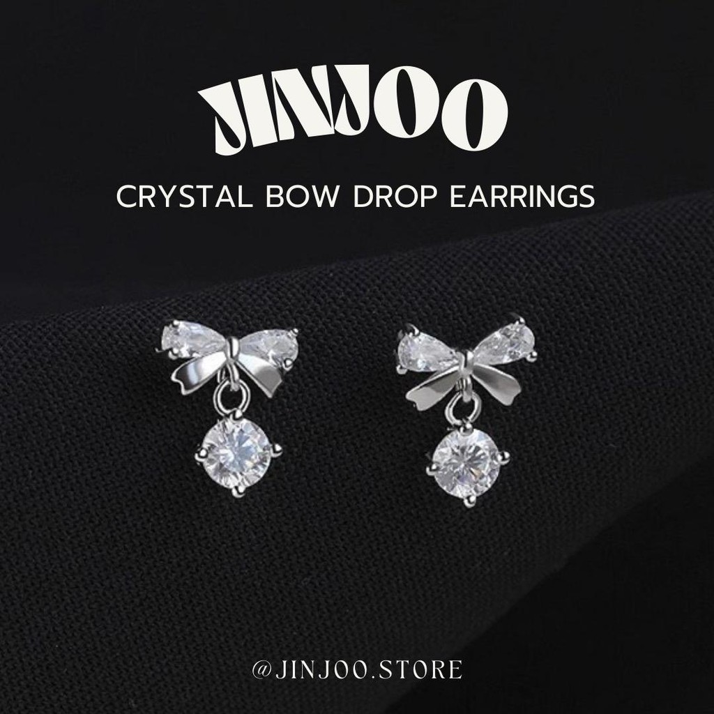 Jinjoo✨-S925-ต่างหูโบว์ รุ่น Crystal Bow Drop Earrings ดีไซน์น่ารัก (แป้นทับ925+แป้นจุกยาง) รหัส A22