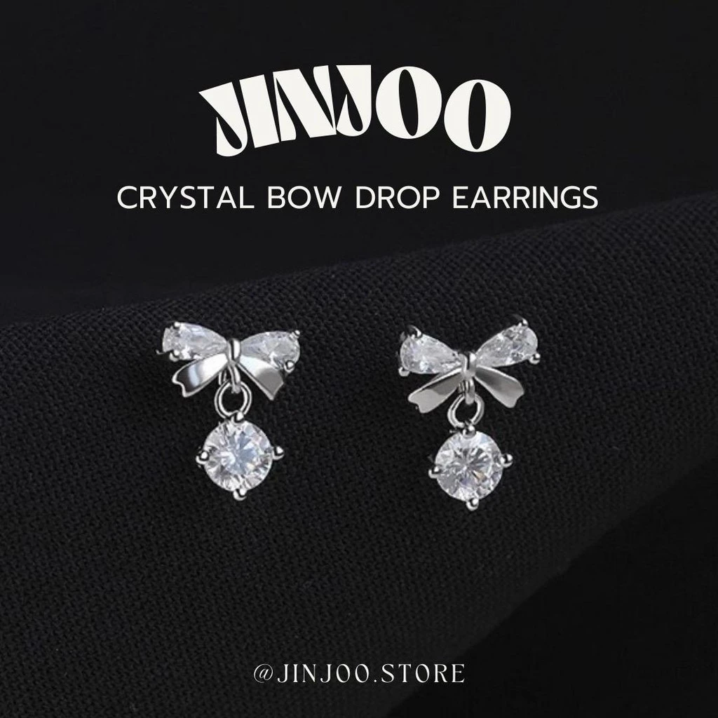 Jinjoo✨-S925-ต่างหูโบว์ รุ่น Crystal Bow Drop Earrings ดีไซน์น่ารัก (แป้นทับ925+แป้นจุกยาง) รหัส A22