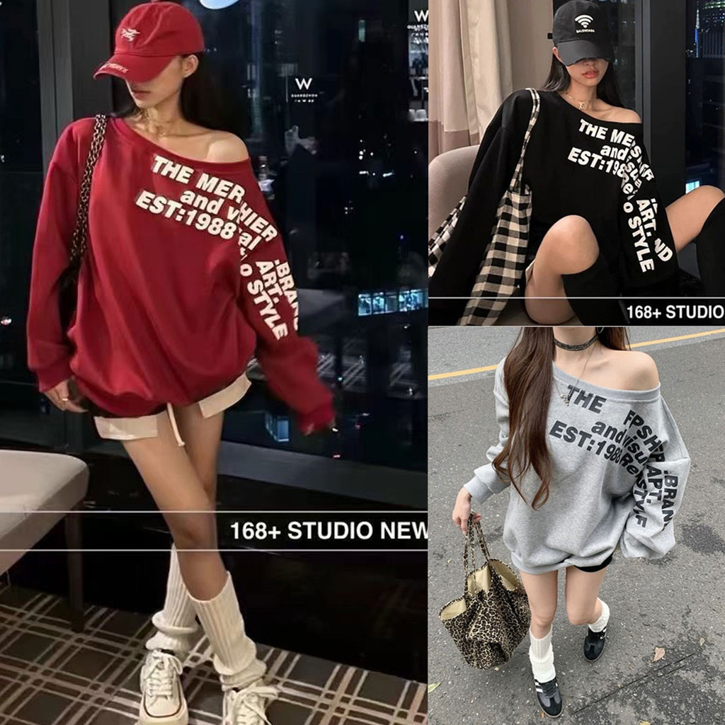 Dahong โอเวอร์ไซส์ เสื้อสเวตเตอร์ผู้หญิง สไตล์สตรีท ไหล่เอียงหลวม เสื้อยืดแขนยาวสีทึบ สไตล์เกาหลี 2675