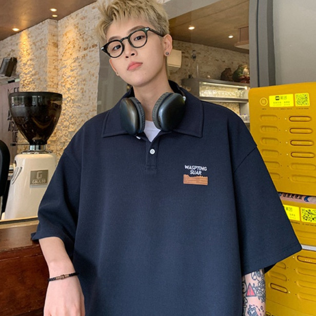 BECoolMan-แขนสั้นคอปกผู้ชาย เสื้อโปโล เรียบง่าย แบบหลวม แมทช์ลุคง่าย