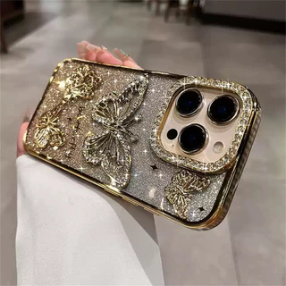 เคสโทรศัพท์ผีเสื้อแวววาวสําหรับ iPhone 16 Pro Max หรูหรา Bling เพชรปลอกชุบโปร่งใสสําหรับ iPhone 13 11 12 14 15 Pro Max Plus ปกอ่อน