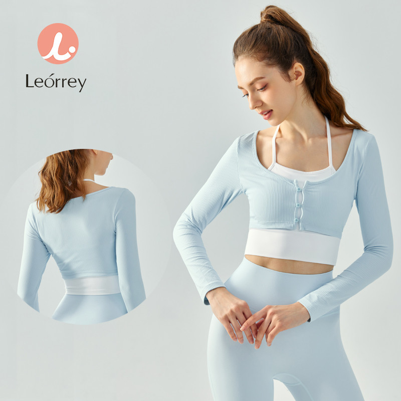 Leorrey-โยคะแขนยาวกับแผ่นอกออกกำลังกายสวมเสื้อคอสั้น