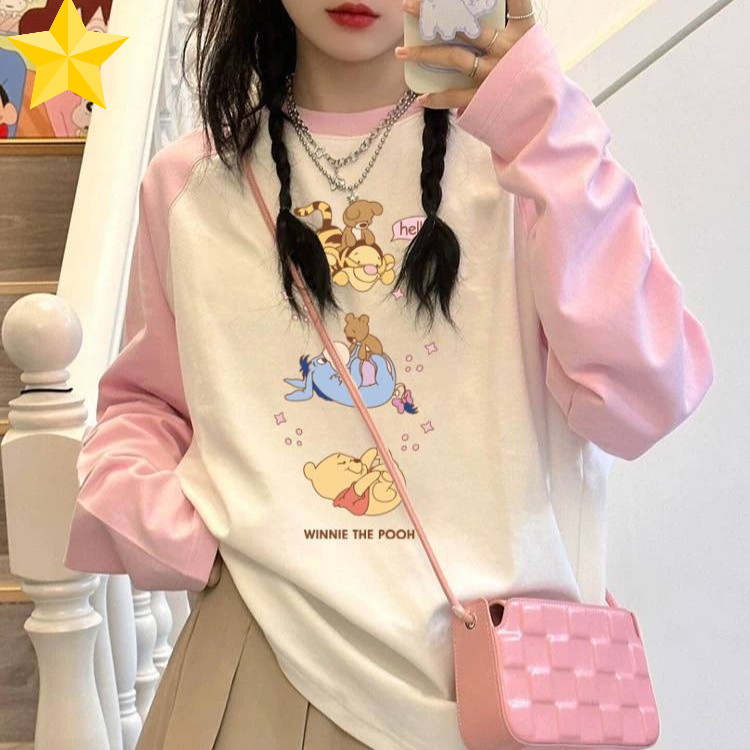 MKL เสื้อยืดแขนยาว คอกลม ทรงหลวมขนาดใหญ่ สีพื้น พิมพ์ลายการ์ตูนน่ารัก แฟชั่นฤดูใบไม้ผลิและฤดูใบไม้ร่วง #B009-2