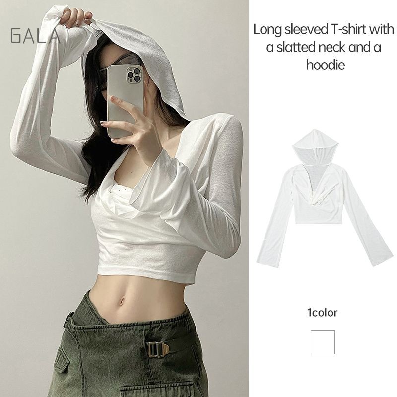 สวิงคอปกเสื้อยืดแขนยาวผู้หญิงเสื้อยืดบางซีทรูสั้นด้านบน GA