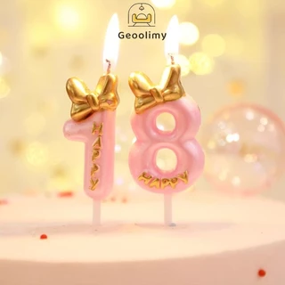 เทียนวันเกิด เทียนโบว์ สีชมพูน่ารัก เบอร์ 0-9 สําหรับตกแต่งเค้กวันเกิด ขนม ✨Geoo