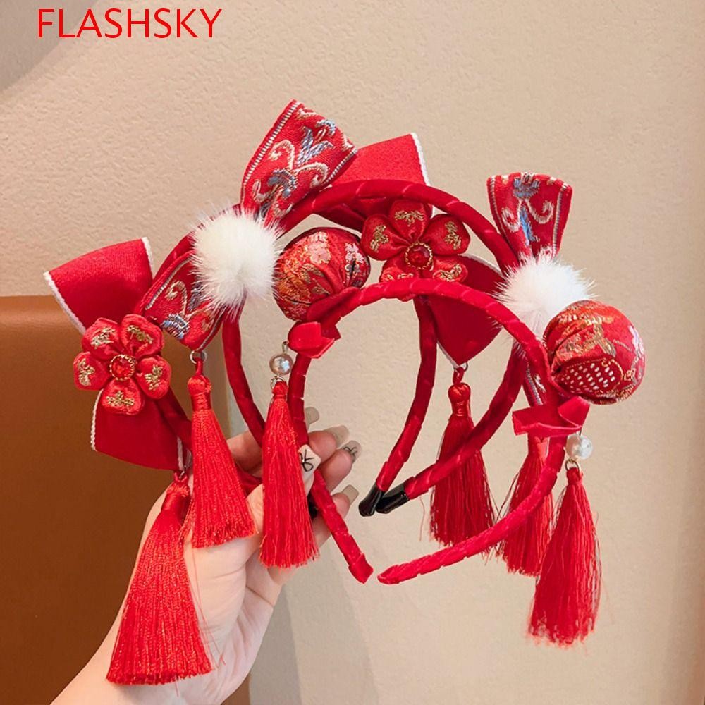 Flashsky หมวกตรุษจีน, พู่ Fuwa Hanfu ผม Bun ผม Hoop, น่ารัก Plush Ball Tang ชุดผม Hoop สไตล์โบราณเด็กแถบคาดศีรษะเด็ก