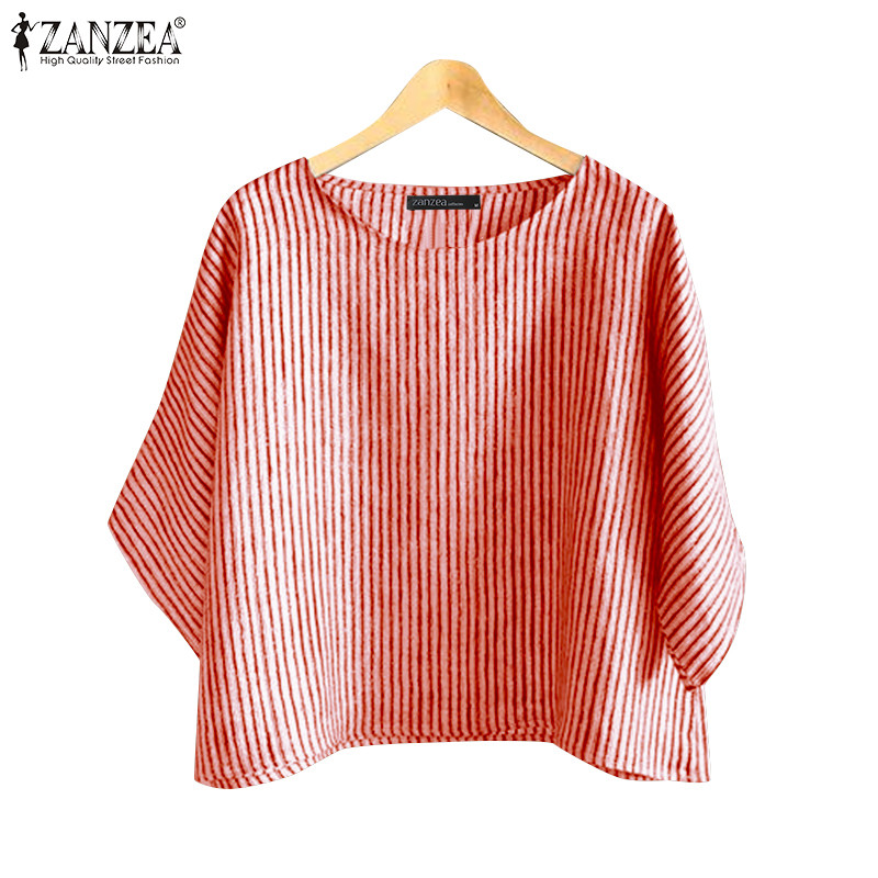 ZANZEA ใส่ ซานเซีย ผู้หญิงเกาหลีลําลอง โอ-คอสามในสี่แขนเสื้อลาย