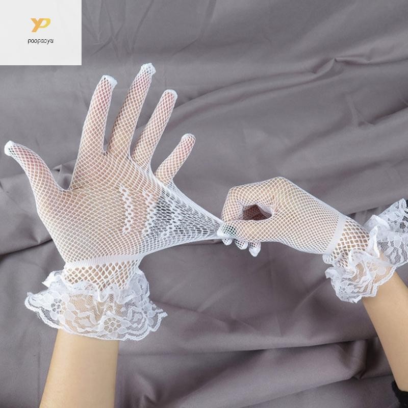 Ppy ผู้หญิง Hollow Fishnet ถุงมืองานแต่งงานเจ้าสาว Mittens Sheer ตาข่ายจีบ Cuff Full Finger ถุงมือคอสเพลย์ค่าใช้จ่าย