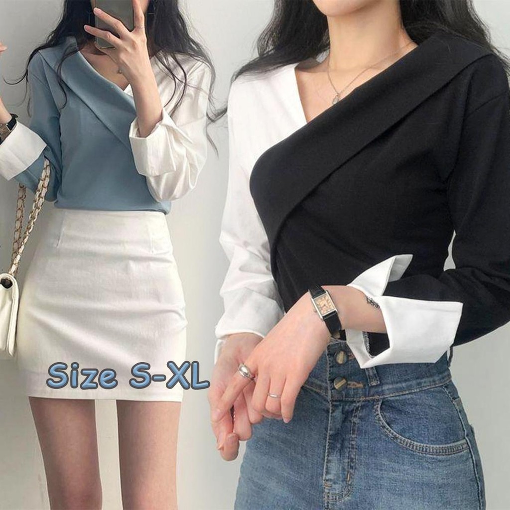 KOKO#เสื้อเชิ้ตคอวีครอสโอเวอร์สีดำและสีขาวอสมมาตรสำหรับผู้หญิง   ปิดไหล่ ฟ้า เสื้อผ้าแฟชั่นสวยๆ เสื้อครอปแขนยาว#W483