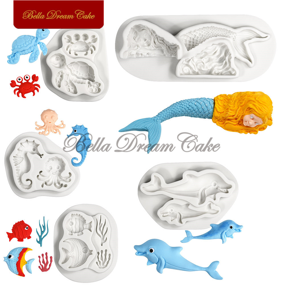 3d Mermaid/Dolphin/ปลา/Marine Life แม่พิมพ์ซิลิโคนช็อกโกแลต Fondant Cupcake Mould DIY Clay ชุดเค้กตกแต่งเครื่องมือ Bakeware
