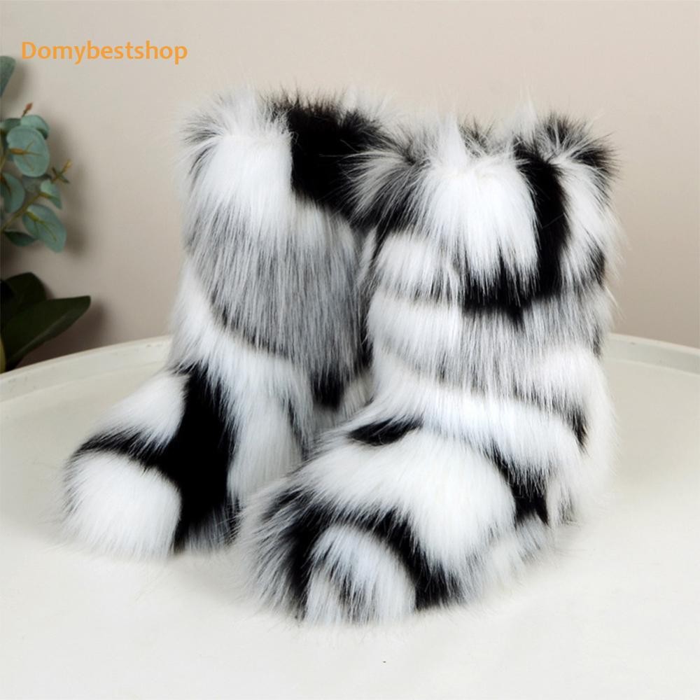 ผู้หญิง Furry Boots อบอุ่นสบาย Faux Fur Boots Snow Boots รองเท้าส้นแบนกลางแจ้ง [Domybestshop.th]