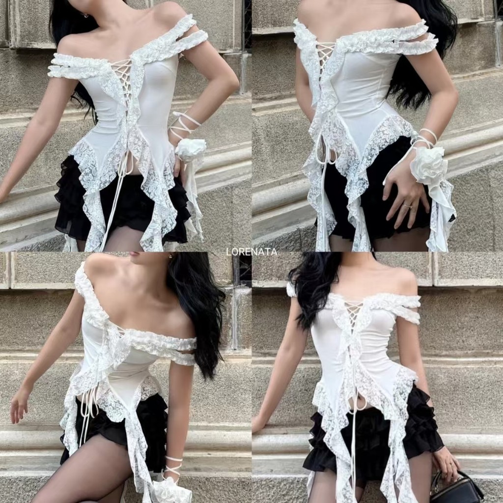 (จัดส่งด่วนจากกทม.) LORENATA เสื้อกล้ามลูกไม้ผู้หญิง แต่งริบบิ้น ไม่มีแขน เปิดไหล่ สไตล์หวาน-RR110