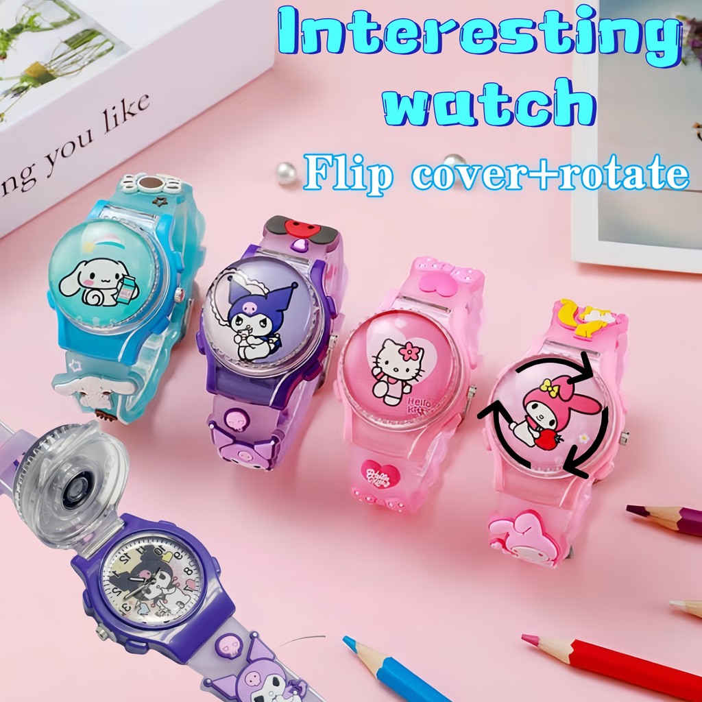 การ์ตูน Flip cover Kuromi Cinnamoroll นาฬิกาควอตซ์อะนิเมะ Melody ฝาครอบนาฬิกาสามารถหมุนนาฬิกาอิเล็กทรอนิกส์สาวน่ารักโรงเรียนประถม Sanrio นาฬิกา