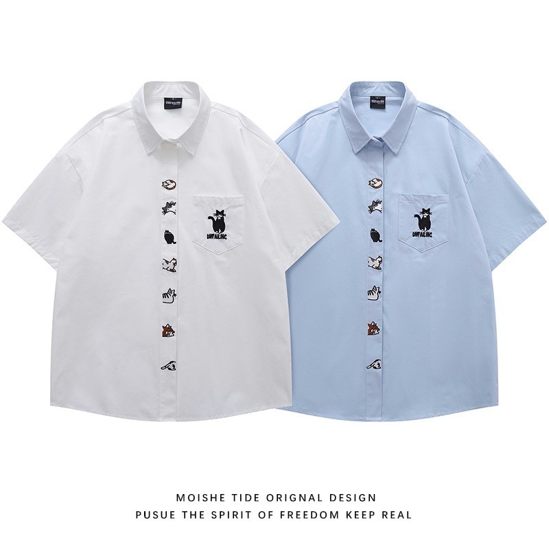 PannoFluxus เสื้อเชิ้ตผู้ชายแขนสั้นแฟชั่นสไตล์ญี่ปุ่นย้อนยุคสไตล์วิทยาลัยสไตล์เป็นกลาง