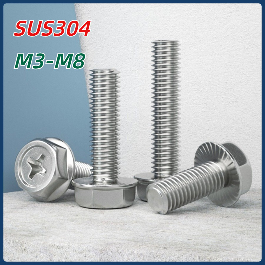 [MX1] น็อต สกรู หัวหกเหลี่ยม ติดแหวน แฉก สแตนเลส 304 เกลียวมิล หยาบ M3-M8 / Indented Hex Washer Machine Screw SUS304 / สกรูติดแหวน สแตนเลส 304 M3-M8 ทุกความยาว
