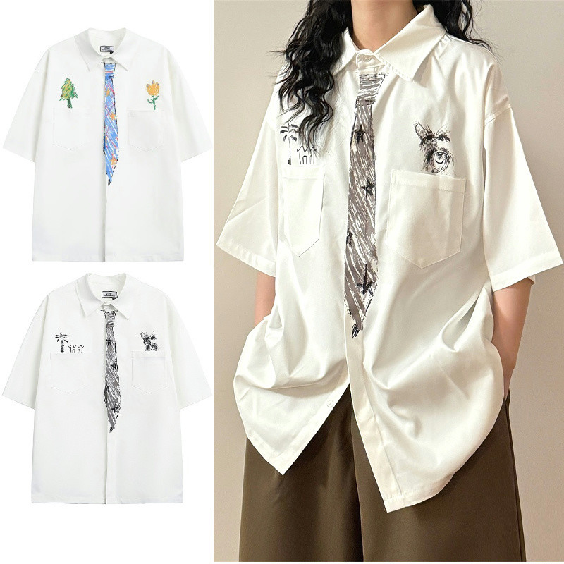 PannoFluxus เสื้อเชิ้ตผู้ชายแขนสั้นแฟชั่นสไตล์เกาหลีออกแบบพิมพ์กราฟฟิตี้สไตล์เป็นกลาง