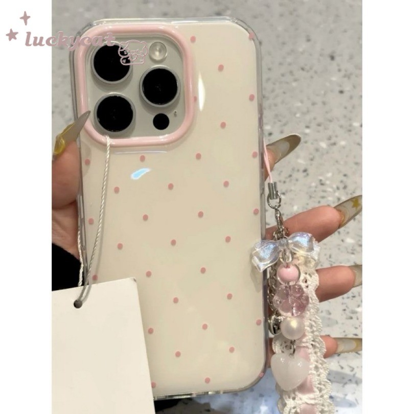 เข้ากันได้กับ iPhone 16 15 14 13 12 11 Pro Max X Xr Xs Max 7 8 Plus SE2020 เคสโทรศัพท์ Ins Simple Pink Dots รูปแบบ Clear Soft + Lanyard ฝาหลัง
