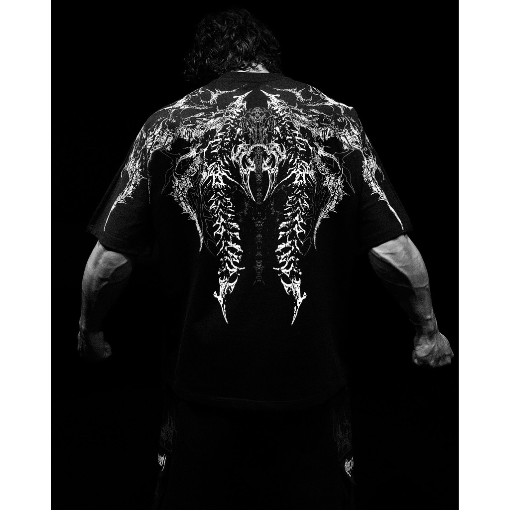 GYM Breathevinity Revival ผ้าฝ้ายพิมพ์เสื้อแขนสั้นกล้ามเนื้อฟิตเนสสีดําหมาป่าฤดูร้อนเสื้อยืด