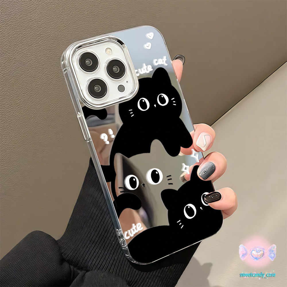 👑จัดส่งในพื้นที่👑 เคสแบบกระจกมิเรอร์ แมวน่ารัก แมวดำและแมวโปร่งใส สําหรับ IPhone16 15 14 13 11 7 8plus Pro Promax XR XS