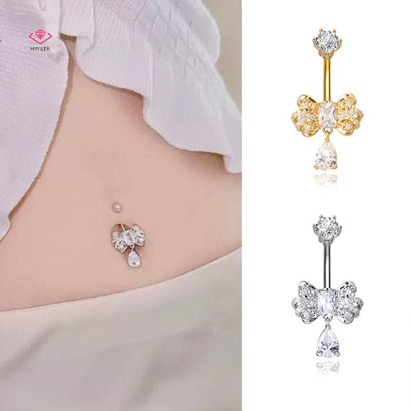 HWETR Heart Bow Zircon Belly ปุ่มแหวน Navel เจาะ Rhinestone sels Belly Bar สําหรับผู้หญิงเครื่องประดับใหม่