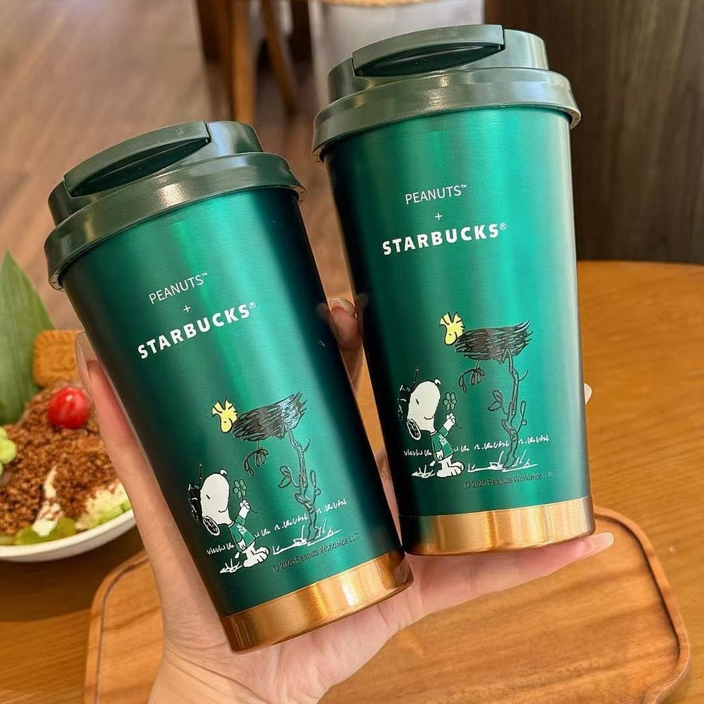 Starbucks Cup Peanuts ร่วมแบรนด์ 384ml ถ้วยกาแฟทองสีเขียวเข้ม ถ้วยเก็บความร้อนสแตนเลส ถ้วยน้ําในรถยนต์ - รูปที่ 5
