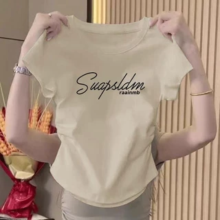 เสื้อยืดผู้หญิง เสื้อยืดรัดรูป ทรงสลิมฟิต แสดงผอม เสื้อยืดครอป เอวยางยืด ใส่สบาย คอกลม เสื้อยื เสื้อผ้าที่สาวอ้วนสวมใส่เ