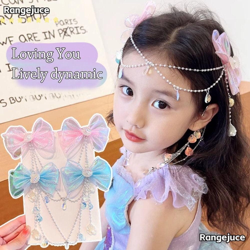 RANGEJUCE โซ่หน้าผากเด็ก 1 คู่, กิ๊บติดผมมุกกุทัณฑ์, การ์ตูนที่สวยงามหวานนางเงือกเจ้าหญิงเครื่องประดับผมเด็ก
