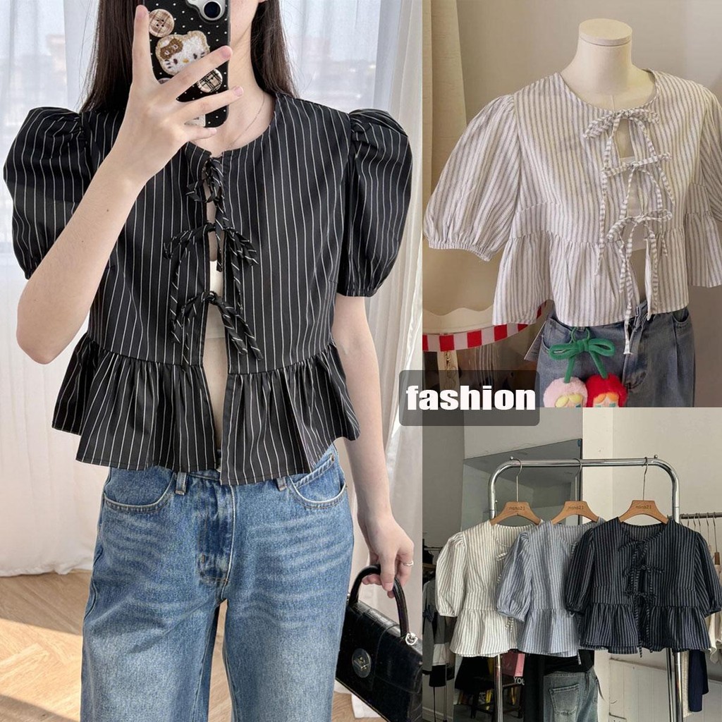 Cuites  เสื้อแขนพองทรงครอปดีเทลผูกโบว์ - น้ำตาล เสื้อเชิ้ตครอปแขนสั้นคอกลมผูกเชือกสีดำแถบย้อนยุคตัวใหม่  w599
