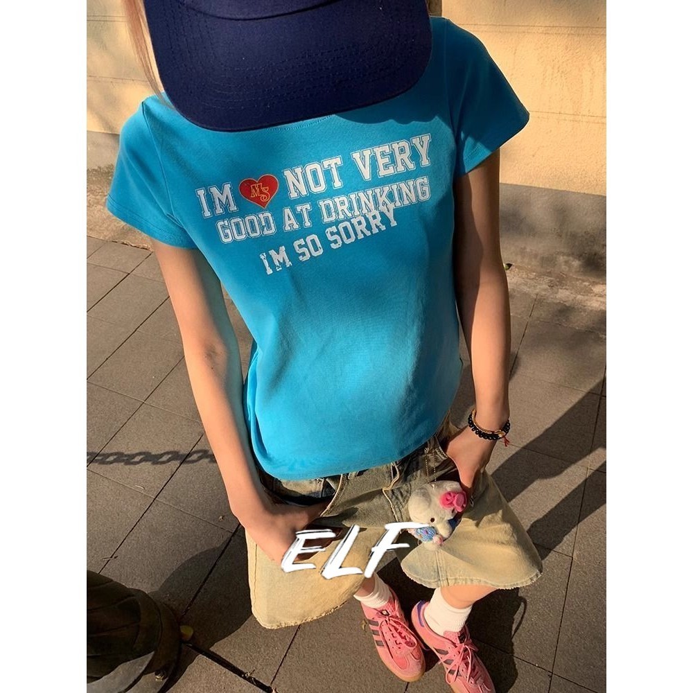 เสื้อท็อปวินเทจ ไหล่หัวใจ แขนสั้นหน้าร้อน สไตล์เกาหลี ตัวอักษร Fit เสื้อยืดผ้าฝ้าย