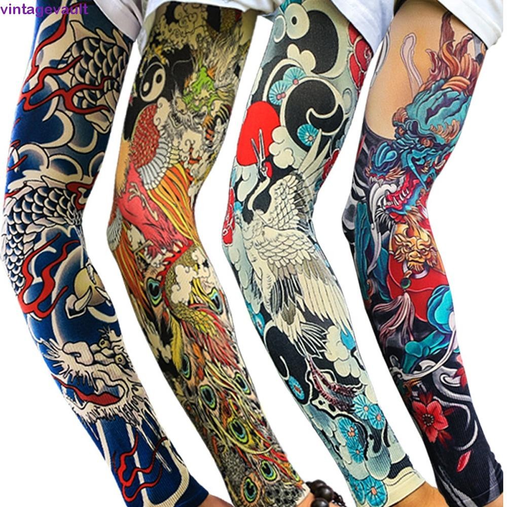 VINTAGEVAULT แขนดอกไม้แขนสัก, แขนดอกไม้รูปแบบ Elastic Men ครีมกันแดด, แขนอุ่นไม่มีรอยต่อครีมกันแดด UV Protection ฝาครอบป้องกันแสงแดดกลางแจ้ง