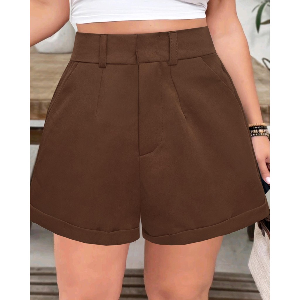 กางเกงขาสั้นเอวสูงสาวอวบ เนื้อผ้าบาบี้ เอวสูงเก็บพุง(ขาพับ) กระเป๋า 2 ข้าง ซิปรูด ตะขอกันสนิม เนื้อผ้าเกรด เอวเรียบ