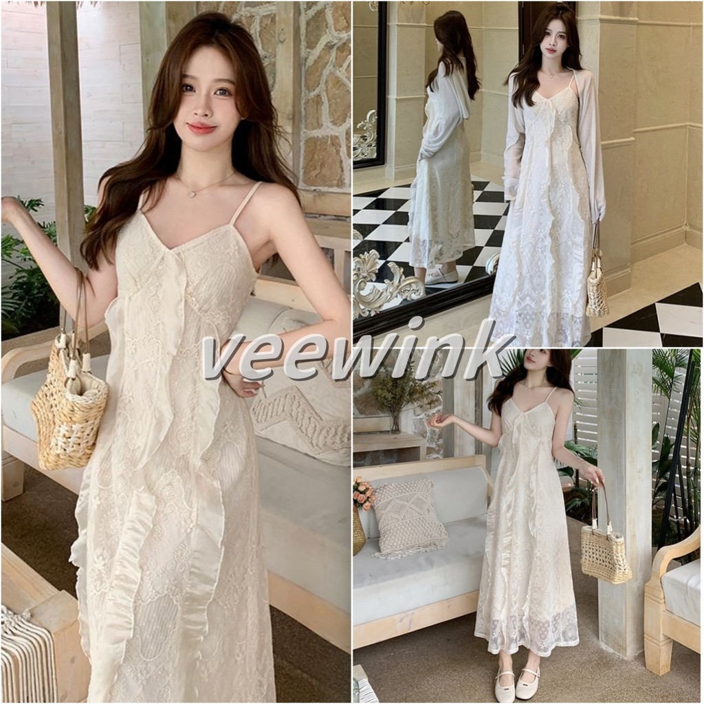 Veewink พร้อมส่งจากกทม กระโปรงยาวคอวีแบบฝรั่งเศส เว้าเอว  ดีเทลสายพัน ชุดออกงาน ชุดเที่ยวทะเล ฤดูร ้ อนอารมณ ์ ฝรั ่