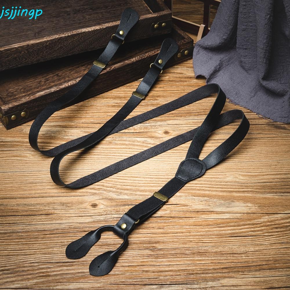 JSJJINGP สายเอี๊ยมติดกระดุม, สายรัดกันลื่น Y-Type สําหรับผู้ชาย, อุปกรณ์เสริมชุดสูทแบบเรียบง่าย Retro สไตล์อังกฤษ PU หนัง Suspenders ผู้ชาย