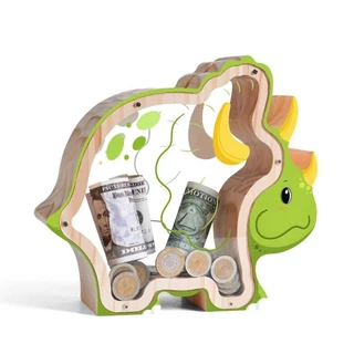 JANELAXE932JN Triceratops กล่องเก็บเหรียญ, การศึกษากระปุกออมสินไดโนเสาร์ไม้โปร่งใส, ทนทานนํากลับมาใช้ใหม่เงินปลอดภัยกล่องเงินของขวัญ