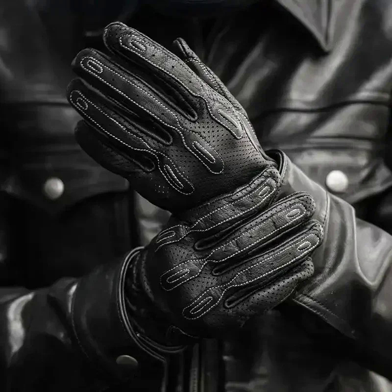Motorcycle Gloves Retro Leather Men's Full Finger Leather Breathable Touch Screen ProtectiveMotocros