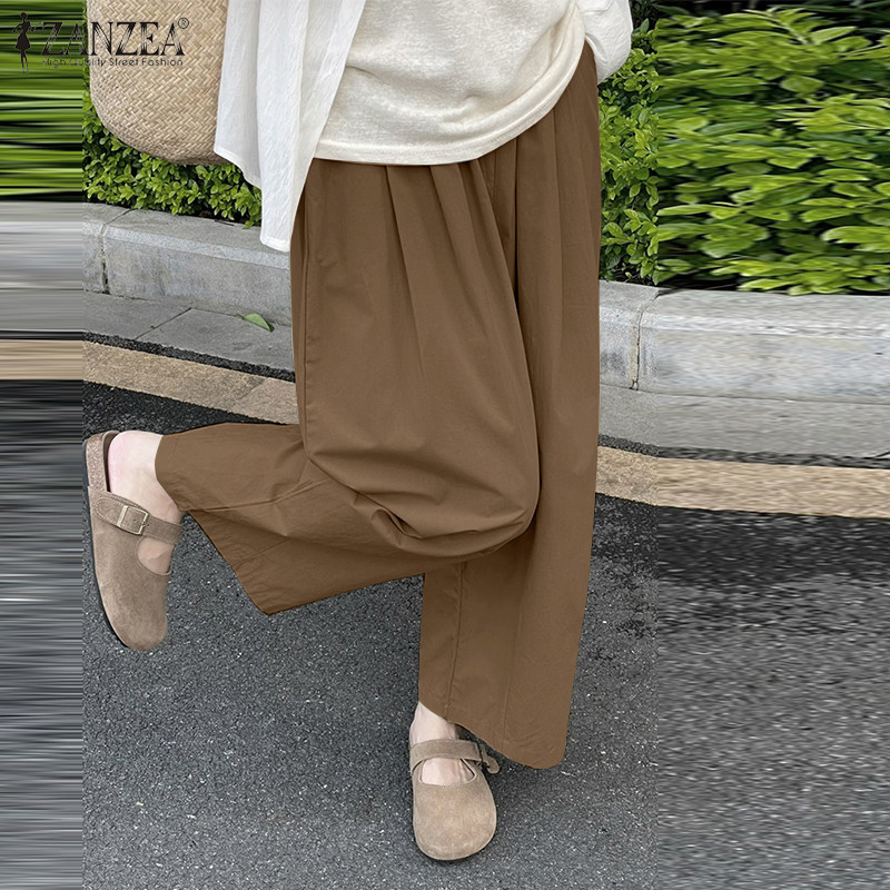 ZANZEA ใส่ ซานเซีย ผู้หญิงเกาหลีสบายๆเอวยางยืดกระเป๋าสีธรรมดากางเกงขากว้าง — صورة 5