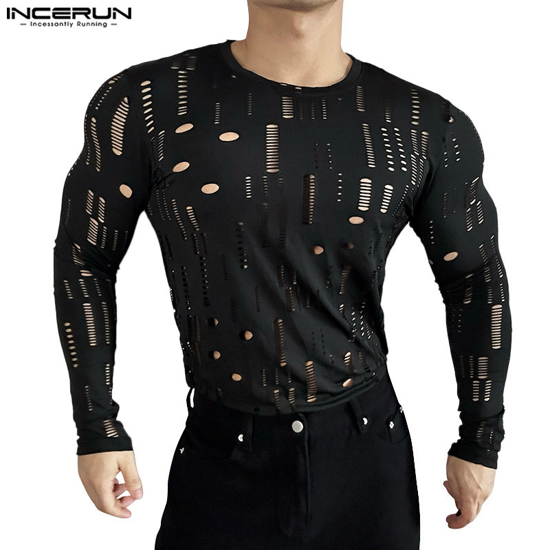 Incerun เสื้อยืดแขนยาวคอกลมแฟชั่นดีไซน์กลวงสําหรับผู้ชายสไตล์วินเทจ
