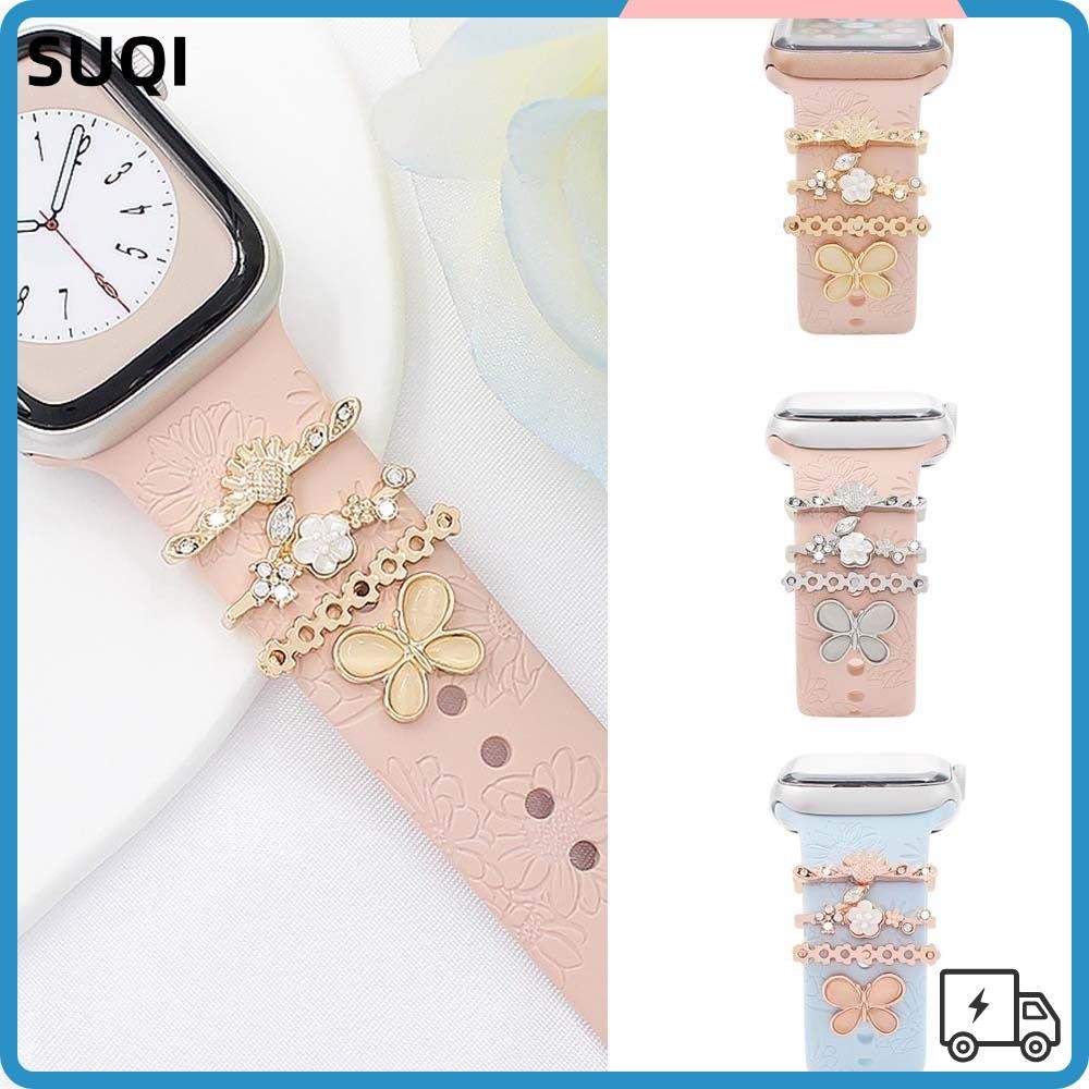 Suqi เครื่องประดับสายนาฬิกาข้อมือ สร้อยข้อมือโลหะ แหวนตกแต่ง แฟชั่น เข็มกลัดเพชร สายรัดข้อมือ เสน่ห์ สําหรับ iwatch อุปกรณ์เสริมสายนาฬิกาข้อมือ