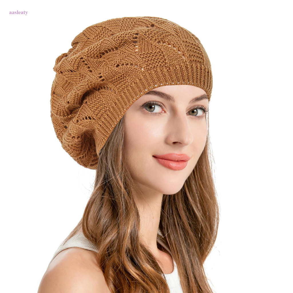 ผู้หญิงธรรมดาสีถัก Beret หมวกศิลปิน Beret หมวกสีทึบนุ่มน้ําหนักเบาโครเชต์ Cutout ถัก Beret หมวก Slouchy จิตรกรหมวก
