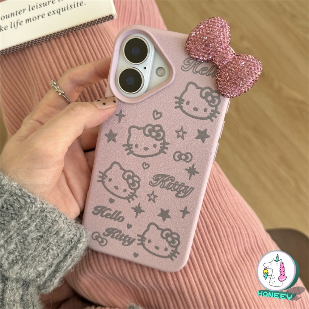 Girly 3D เพชร Bowknot KT Cat หนังเคสโทรศัพท์สําหรับ IPhone 16 15 11 14 13 12 Pro Max สีชมพูกันกระแทกนุ่มโทรศัพท์ปกหลัง