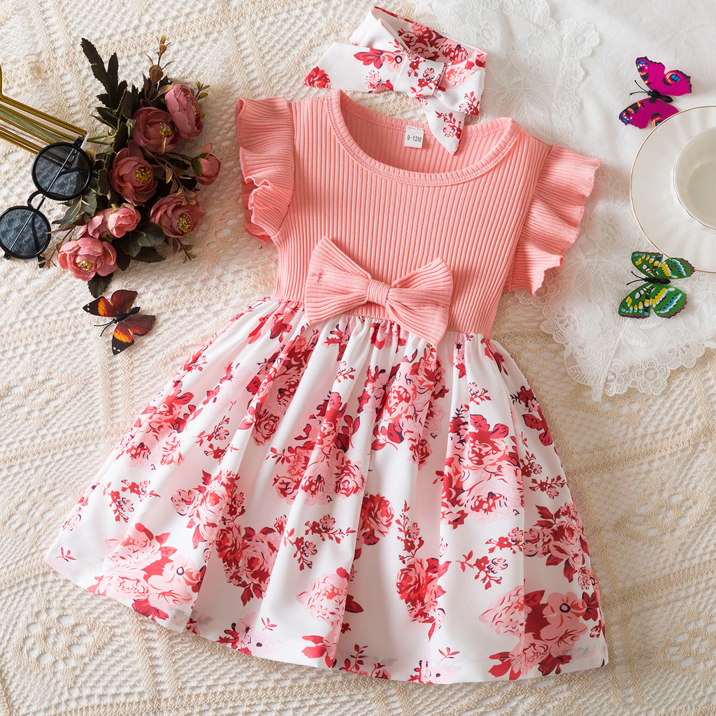 Nnjxd ชุดเด็กผู้หญิงเด็ก 6ม ถึง 3 ปีโบว์หวานบินแขนชุดเจ้าหญิงชีฟองนัวเนียดอกไม้ช