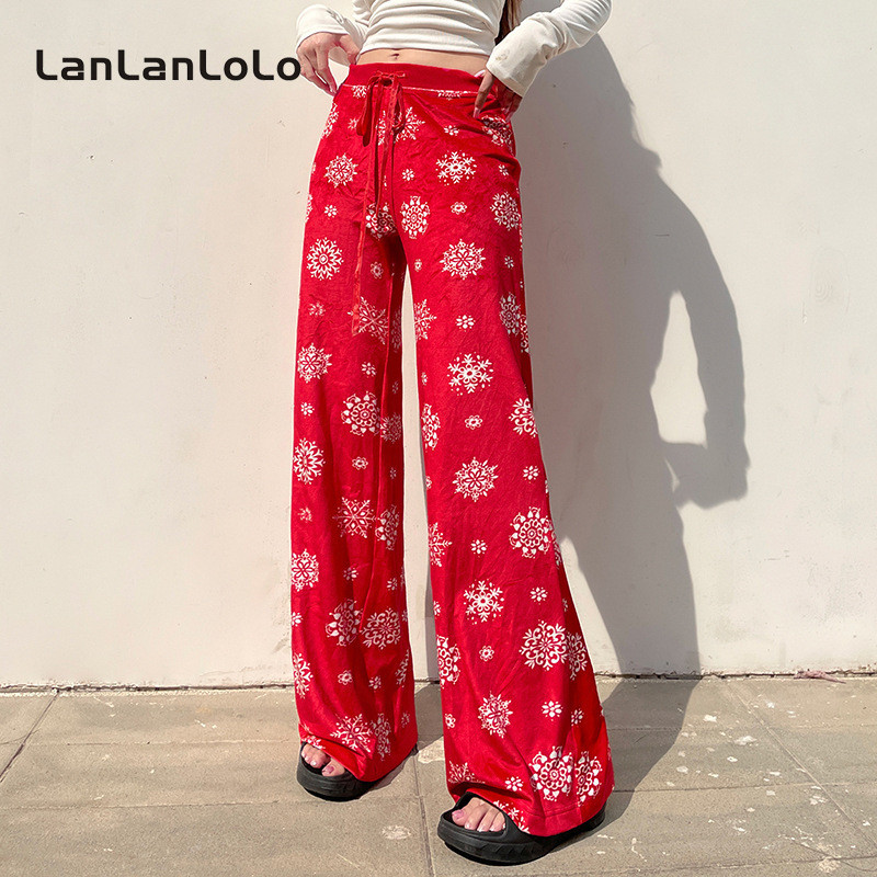 Lanlanlolo ผู้หญิง 2025 แฟชั่นคริสต์มาส ทรงหลวม เอวยางยืด กางเกงสีแดงลําลอง