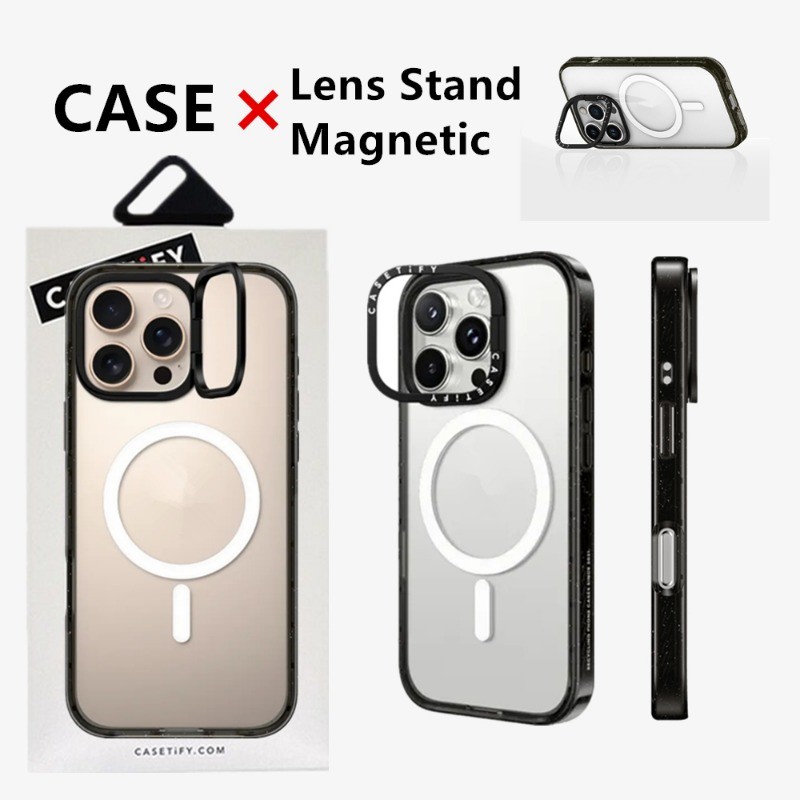 Casetifg เลนส์ซ่อนขาตั้งชาร์จแม่เหล็กเคสโทรศัพท์พร้อมกล่องสําหรับ iPhone 12 13 14 15 16 Pro Max 14 15 Plus วงเล็บกล้องกันกระแทกปลอกด้านข้างซิลิโคนป้องกัน Clear PC Cover
