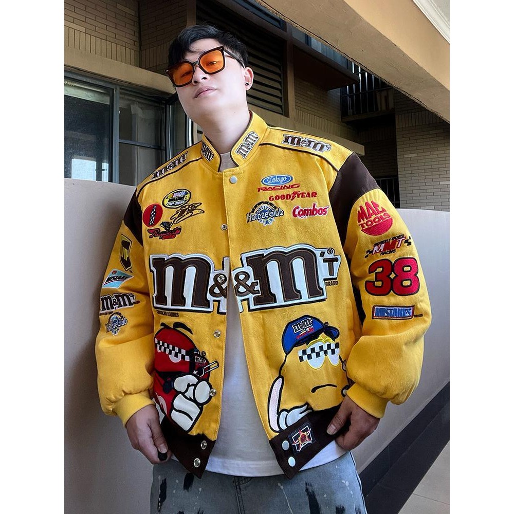 Mm Bean ปัก Racing รถจักรยานยนต์แจ็คเก็ตผู้ชายผู้หญิงหลวม Retro Street สวมใส่เบสบอลเบาะแจ็คเก็ตคู่ Stand-Up Collar แจ็คเก็ตหนา WH241206