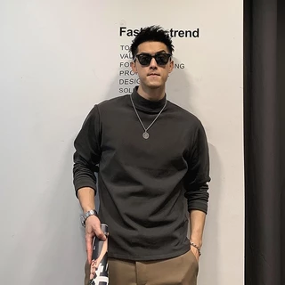 เสื้อยืดแขนยาวผู้ชายคอสูงเทรนด์แฟชั่นเสื้อยืดแขนยาวเสื้อผ้าผู้ชาย