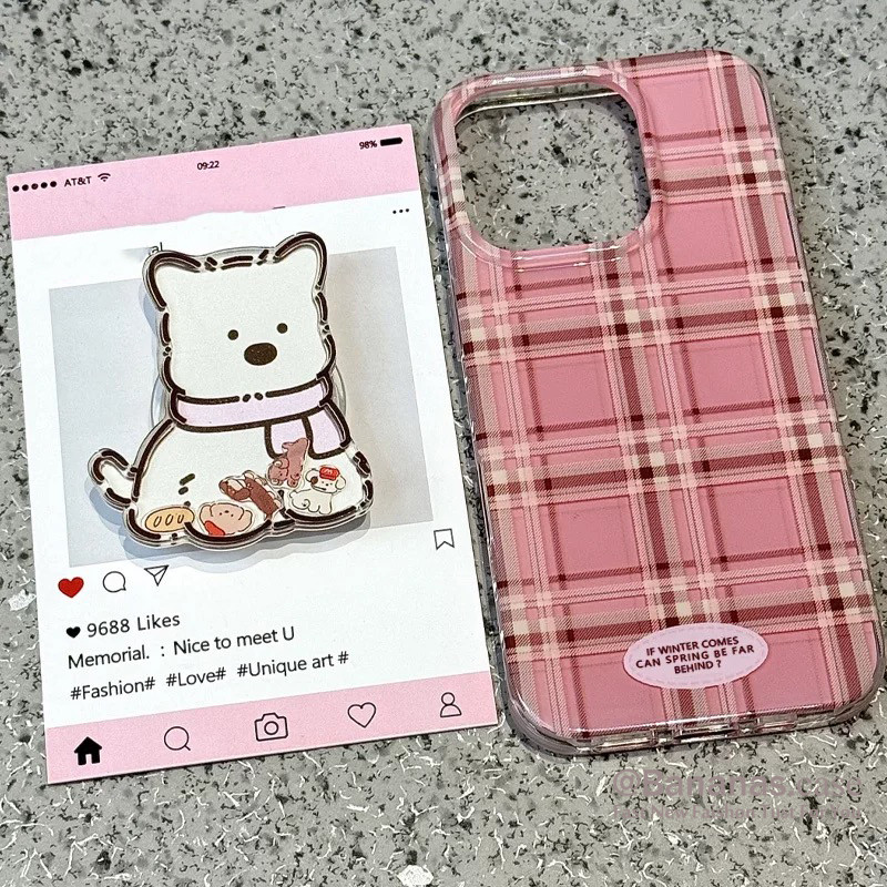Iphone 16 15 14 13 12 11 Pro Max X Xr Xs Max 7 8 Plus SE2020 เคสโทรศัพท์ Ins รูปแบบตารางสีชมพู + แบ่งปัน Habpyy Stand Clear Soft ฝาหลัง