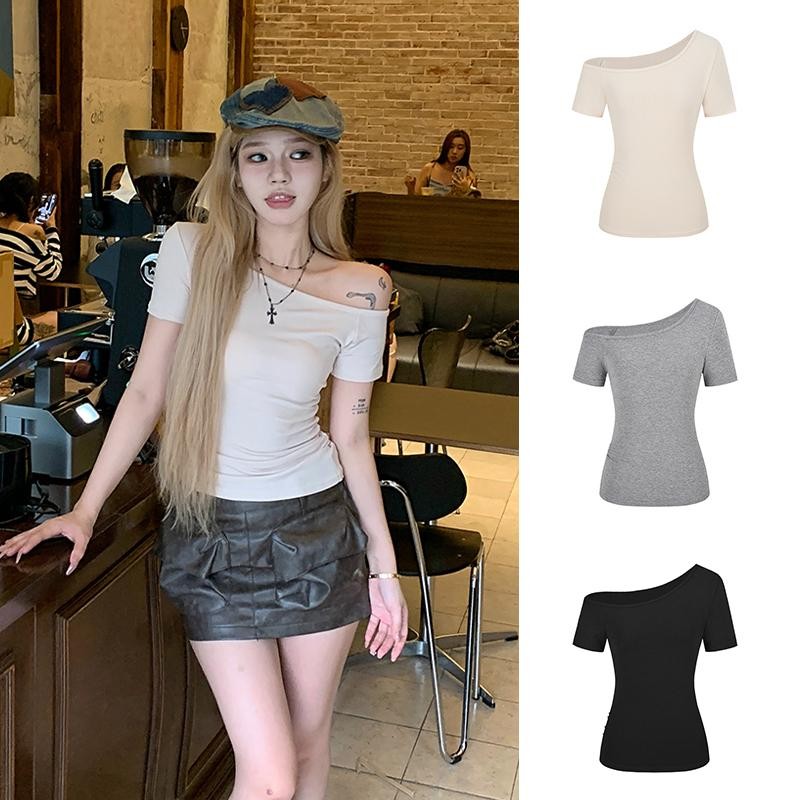 mimi&didi#เสื้อยืดไหล่เดียวแขนสั้นขั้นพื้นฐาน เสื้อสีขาว ทรงเข้ารูป เรียบง่าย สวมใส่ง่าย น่ารักเซ็กซี่(2673)