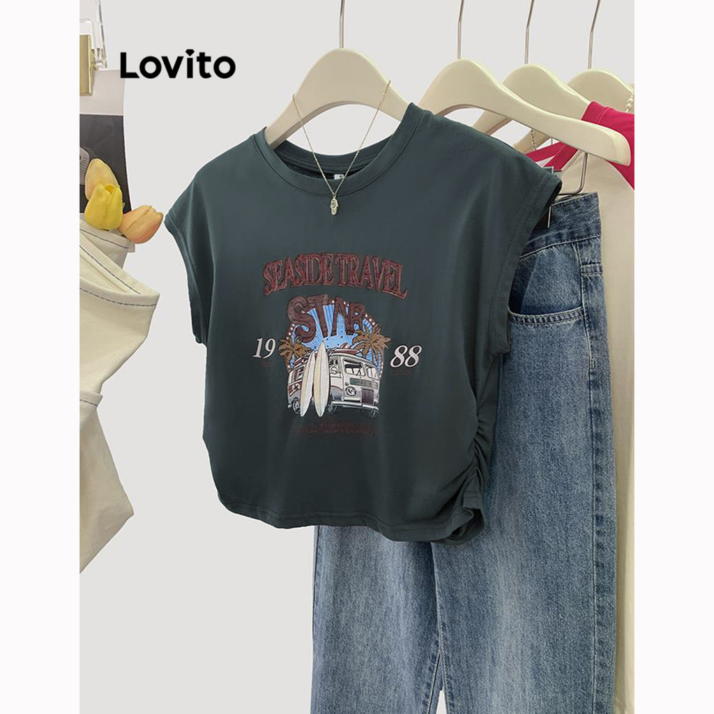 Lovito เสื้อยืดครอปผู้หญิง จีบย่น วินเทจ พิมพ์ลายแนวนอน สไตล์ลำลอง LNE24001 (เทาอ่อน/เทาเข้ม)