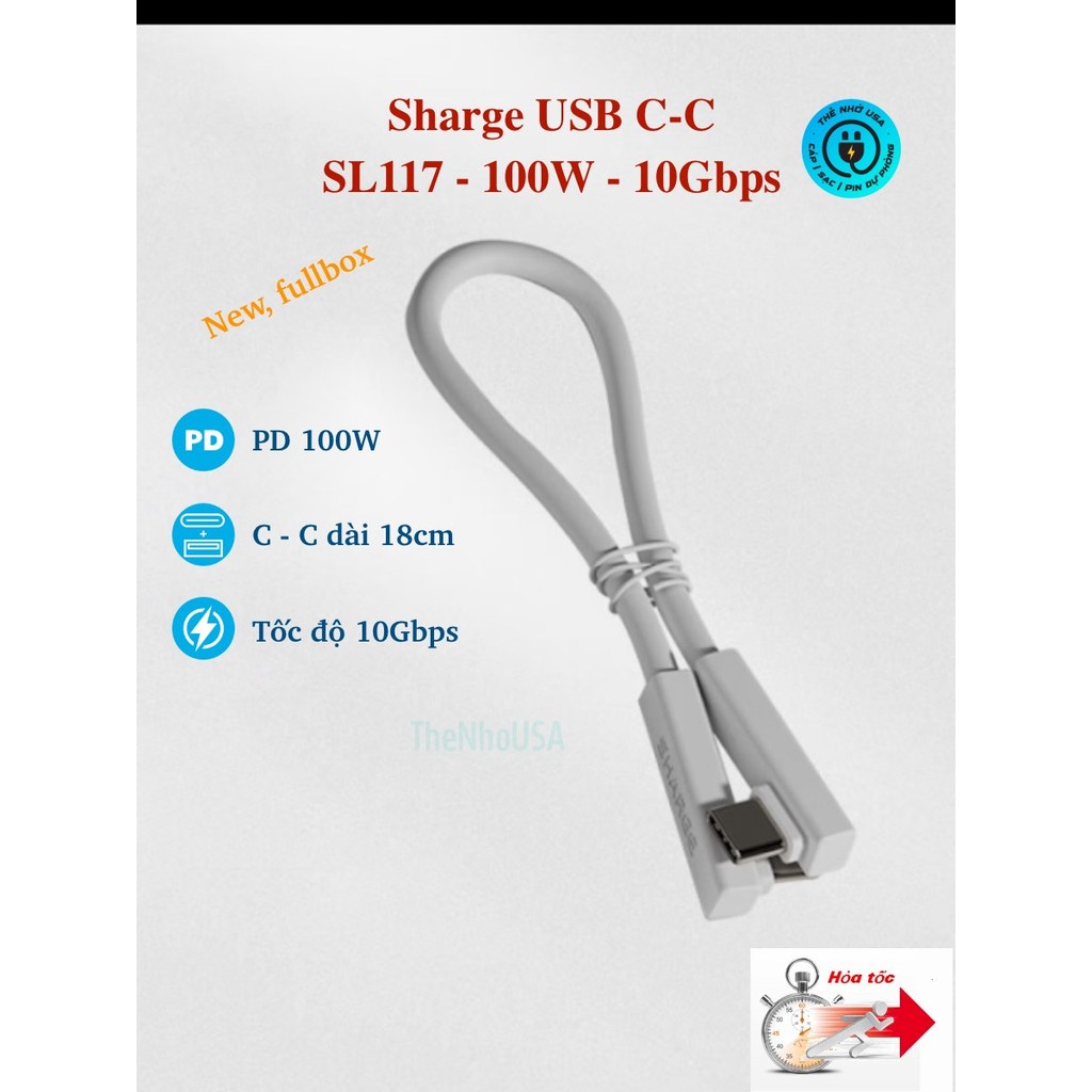 Sharge disk plus USB C to C สายชาร์จเร็ว 18 ซม. 100W ความเร็วถ่ายโอนข้อมูล 10Gbps